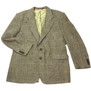 Vintage 80s 90s Plaid Houndstooth Brown Blazer Wool Lambswool Mens 44L Long Tall